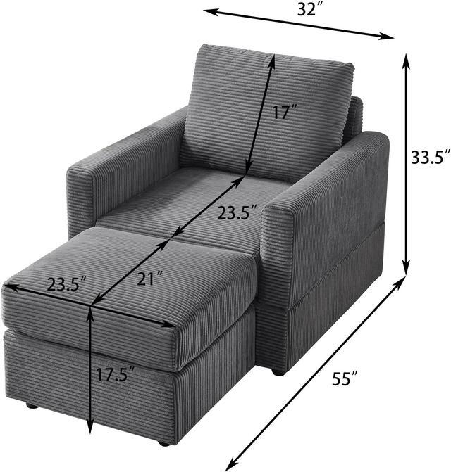 Alt view image 2 of 7 - CHAYOU Classic Corduroy Chaise Lounge, Comfy Sofa Chaise Couch Chair, Upholstered Accent Chair with Ottoman for Living Room -GREY