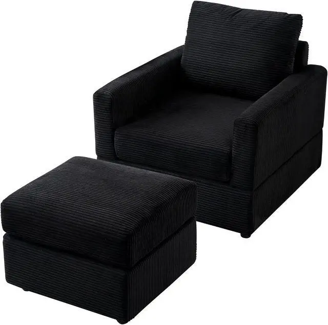 Alt view image 3 of 7 - CHAYOU Classic Corduroy Chaise Lounge, Comfy Sofa Chaise Couch Chair, Upholstered Accent Chair with Ottoman for Living Room - Black
