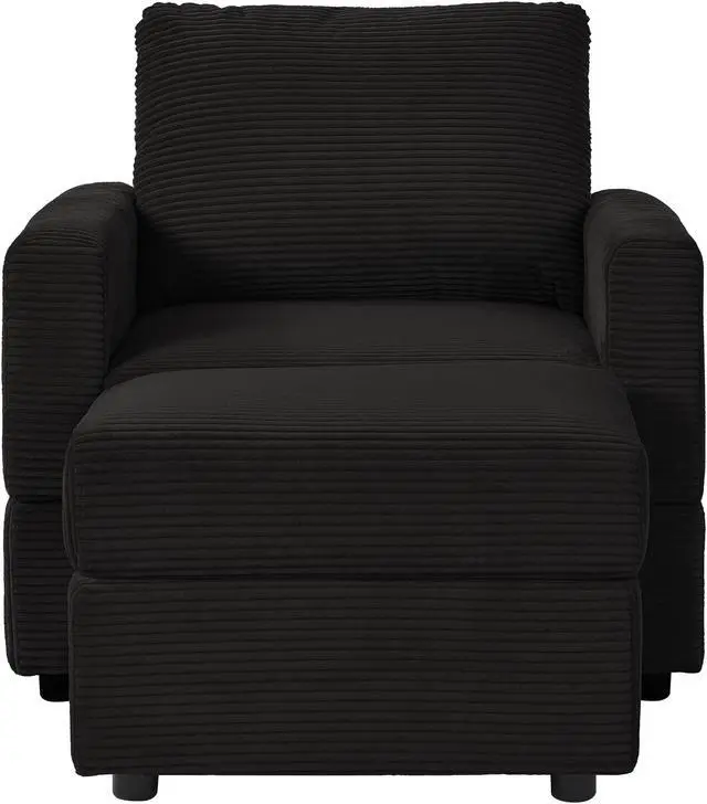 Alt view image 4 of 7 - CHAYOU Classic Corduroy Chaise Lounge, Comfy Sofa Chaise Couch Chair, Upholstered Accent Chair with Ottoman for Living Room - Black