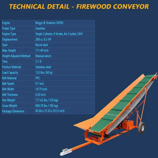 Alt view image 6 of 7 - Firewood Conveyor 6.5HP 208cc Gasoline Powered 19.7" Width PVC Belt Wood Conveyor Lifter Elevator with B&S Engine