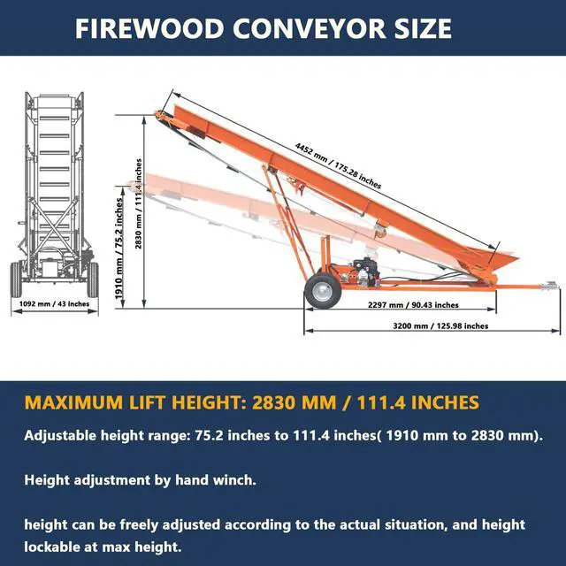 Alt view image 5 of 7 - Firewood Conveyor 6.5HP 208cc Gasoline Powered 19.7" Width PVC Belt Wood Conveyor Lifter Elevator with B&S Engine