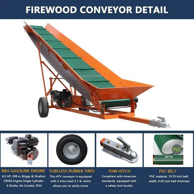 Alt view image 3 of 7 - Firewood Conveyor 6.5HP 208cc Gasoline Powered 19.7" Width PVC Belt Wood Conveyor Lifter Elevator with B&S Engine