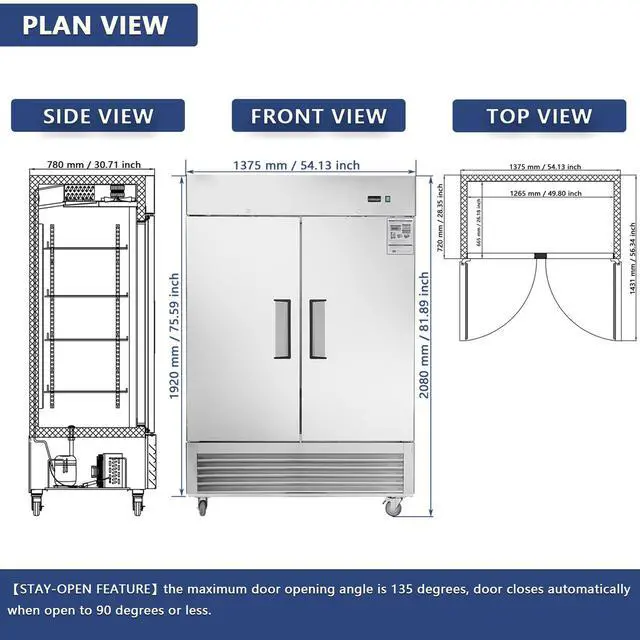 Alt view image 6 of 7 - 54"W Commercial Freezer 2 Section 2 Solid Door Stainless Steel Interior and Exterior Construction Reach-in Freezer 42.2 Cu.ft. Upright Fan Cooling Freezer for Restaurants and Commercial Environments