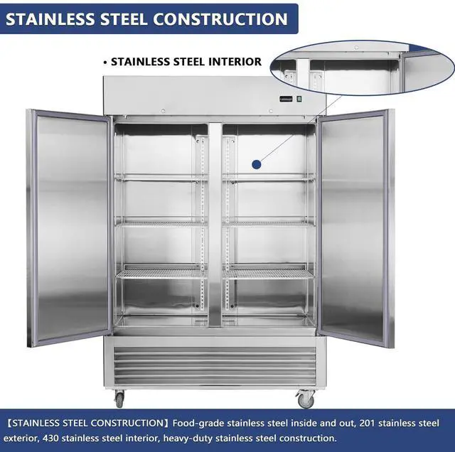 Alt view image 4 of 7 - 54"W Commercial Freezer 2 Section 2 Solid Door Stainless Steel Interior and Exterior Construction Reach-in Freezer 42.2 Cu.ft. Upright Fan Cooling Freezer for Restaurants and Commercial Environments