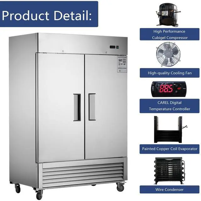 Alt view image 7 of 7 - 54"W Commercial Freezer 2 Section 2 Solid Door Stainless Steel Interior and Exterior Construction Reach-in Freezer 42.2 Cu.ft. Upright Fan Cooling Freezer for Restaurants and Commercial Environments