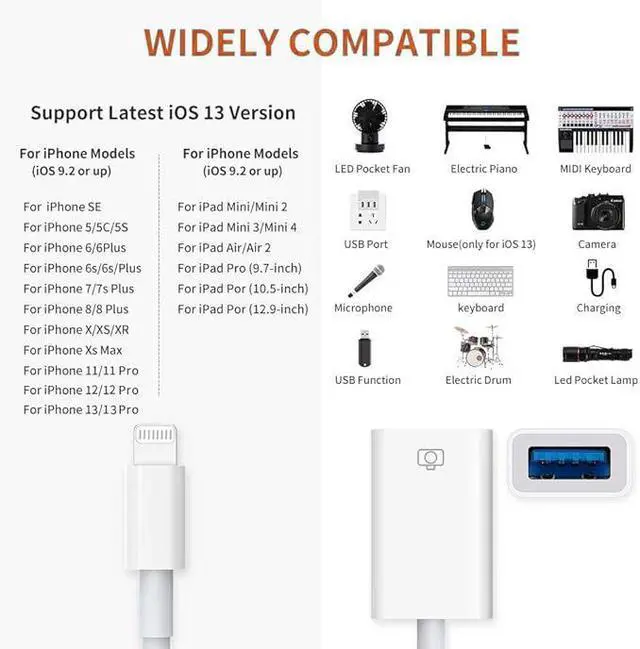 Alt view image 6 of 7 - Lightning to USB Camera Adapter Apple MFi Certified Lightning Female USB 3.0 OTG Cable Adapter Compatible with iPhone/iPad, Supports Connect Camera, Card Reader, USB Flash Drive, MIDI Keyboard, Mouse
