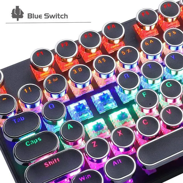 Alt view image 3 of 7 - Typewriter Mechanical Gaming Keyboard, Retro Punk Round Keycaps with RGB Rainbow Backlit USB Wired Keyboards for Game and Office, for Windows Laptop PC Mac - Blue Switches/Black