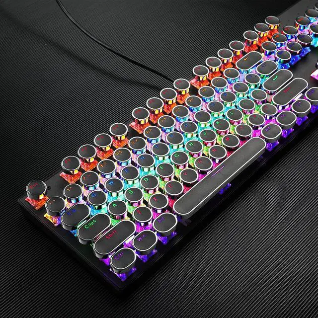 Alt view image 2 of 7 - Typewriter Mechanical Gaming Keyboard, Retro Punk Round Keycaps with RGB Rainbow Backlit USB Wired Keyboards for Game and Office, for Windows Laptop PC Mac - Blue Switches/Black