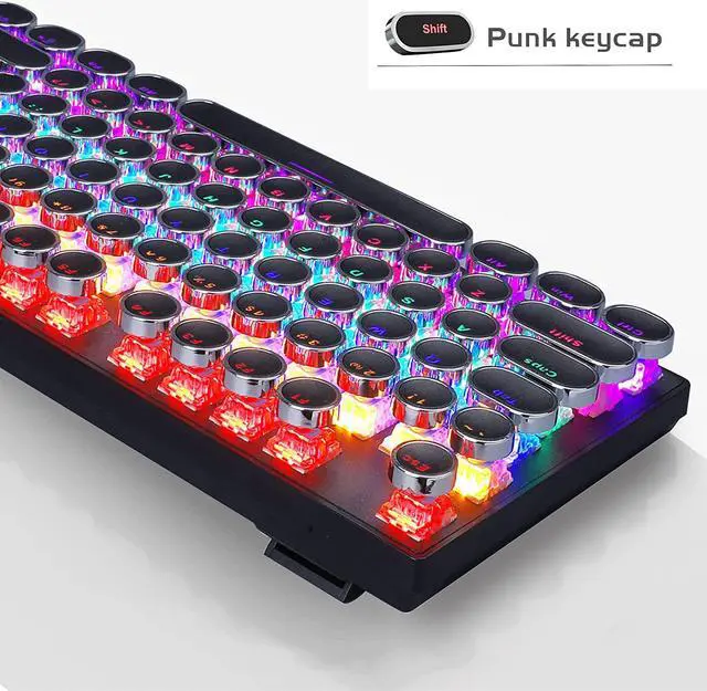 Alt view image 5 of 7 - Typewriter Mechanical Gaming Keyboard, Retro Punk Round Keycaps with RGB Rainbow Backlit USB Wired Keyboards for Game and Office, for Windows Laptop PC Mac - Blue Switches/Black