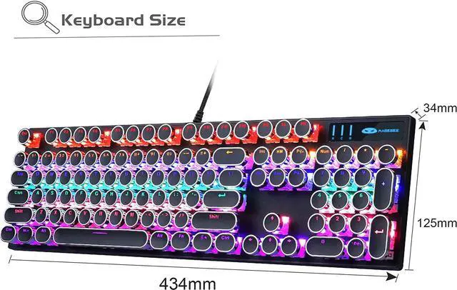 Alt view image 6 of 7 - Typewriter Mechanical Gaming Keyboard, Retro Punk Round Keycaps with RGB Rainbow Backlit USB Wired Keyboards for Game and Office, for Windows Laptop PC Mac - Blue Switches/Black