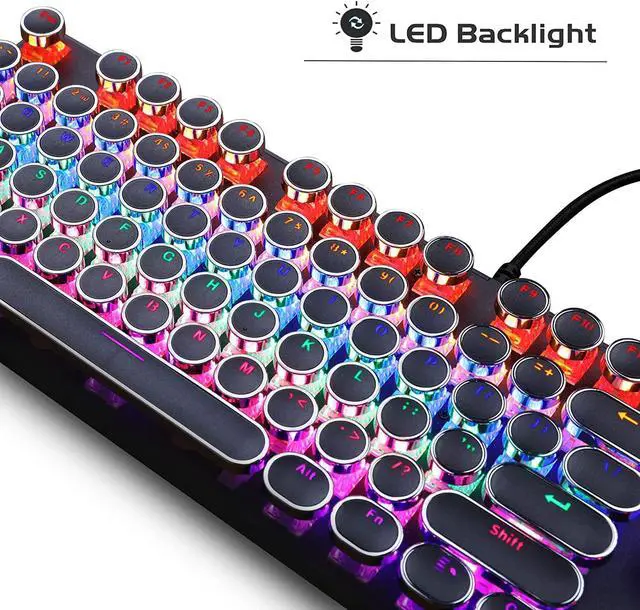 Alt view image 7 of 7 - Typewriter Mechanical Gaming Keyboard, Retro Punk Round Keycaps with RGB Rainbow Backlit USB Wired Keyboards for Game and Office, for Windows Laptop PC Mac - Blue Switches/Black