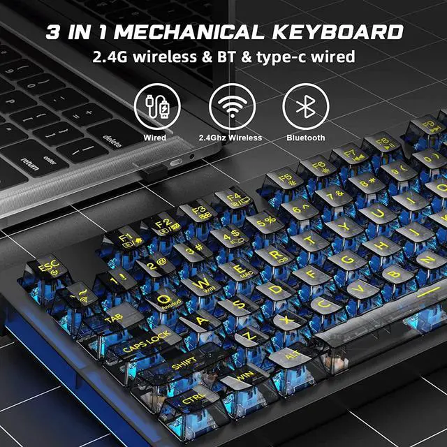 Alt view image 5 of 7 - Wireless Gaming Keyboard, RGB Hot Swappable Mechanical Gaming Keyboard with 19 Side Light Modes, 2.4G & BT5.0 & USB-C, Programmable Macro Functionality, Transparent keycaps Gaming Keyboard