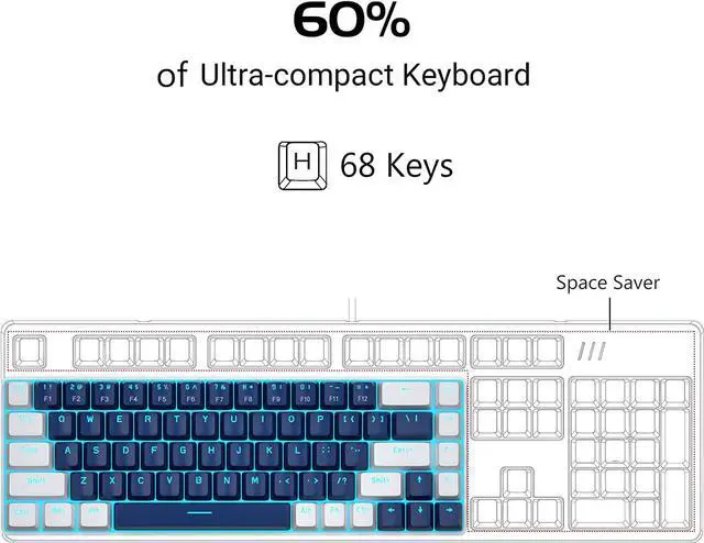 Alt view image 2 of 7 - Portable 60% Mechanical Gaming Keyboard, MK-Box LED Backlit Compact 68 Keys Mini Wired Office Keyboard with Blue Switch for Windows Laptop PC Mac - Blue/White