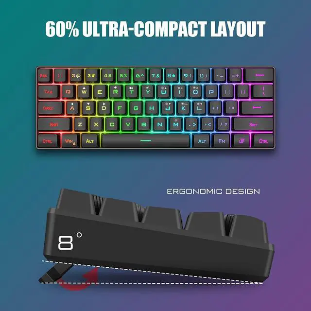 Alt view image 2 of 7 - RedThunder 60% Gaming Keyboard and Mouse Combo, Ultra-Compact 61 Keys RGB Backlit Mini Keyboard, Lightweight 7200 DPI Honeycomb Optical Mouse, RGB Wired Gaming Set for PC MAC PS5 Xbox Gamer(Black)