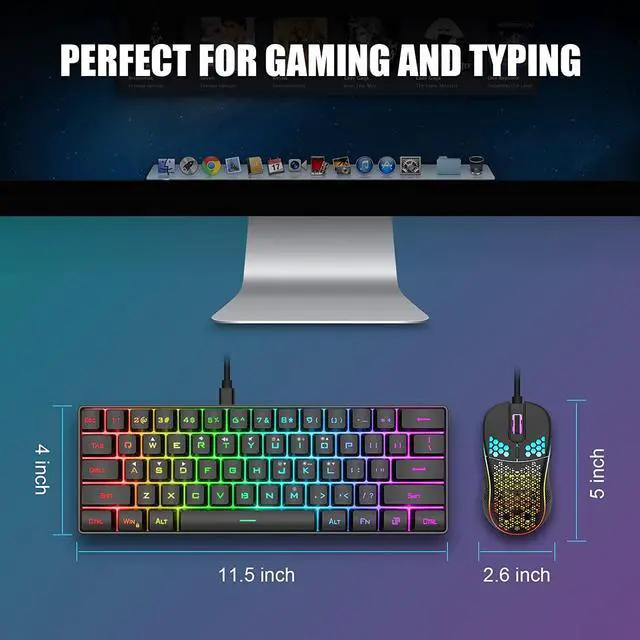 Alt view image 6 of 7 - RedThunder 60% Gaming Keyboard and Mouse Combo, Ultra-Compact 61 Keys RGB Backlit Mini Keyboard, Lightweight 7200 DPI Honeycomb Optical Mouse, RGB Wired Gaming Set for PC MAC PS5 Xbox Gamer(Black)