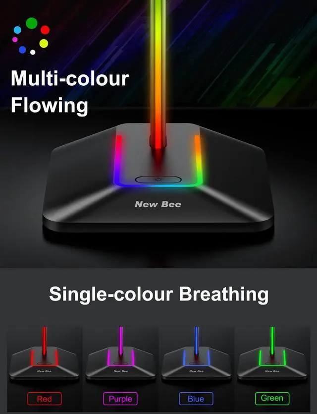 Alt view image 2 of 6 - New bee RGB Headphone Stand with 1 USB-C Charging Port and 1 USB Charging Port, Desk Gaming Headset Stand with 7 Light Modes for All Earphone Accessories (Black)
