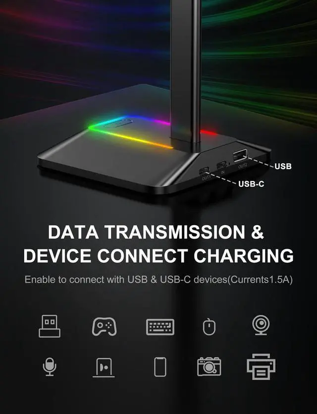 Alt view image 3 of 6 - New bee RGB Headphone Stand with 1 USB-C Charging Port and 1 USB Charging Port, Desk Gaming Headset Stand with 7 Light Modes for All Earphone Accessories (Black)