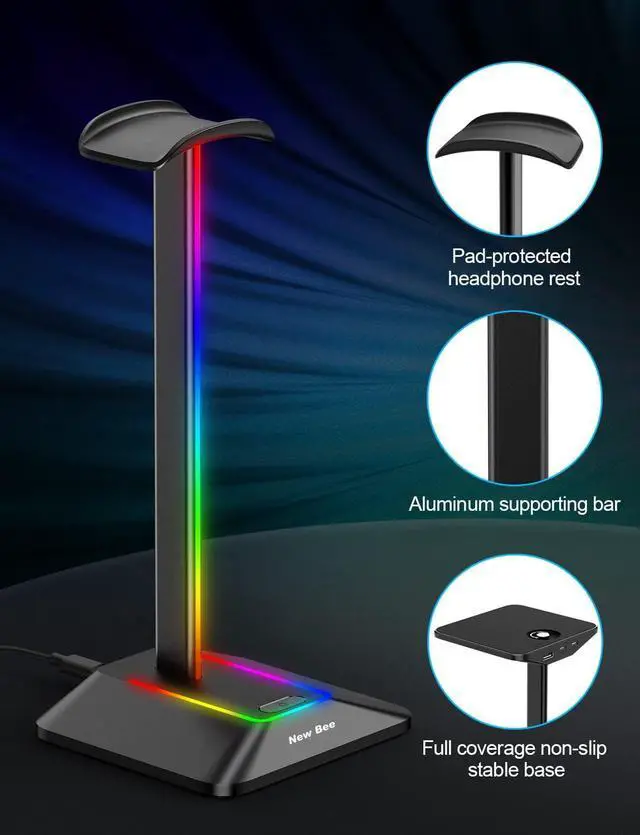 Alt view image 4 of 6 - New bee RGB Headphone Stand with 1 USB-C Charging Port and 1 USB Charging Port, Desk Gaming Headset Stand with 7 Light Modes for All Earphone Accessories (Black)