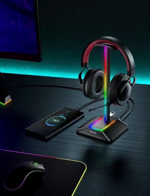 Alt view image 6 of 6 - New bee RGB Headphone Stand with 1 USB-C Charging Port and 1 USB Charging Port, Desk Gaming Headset Stand with 7 Light Modes for All Earphone Accessories (Black)