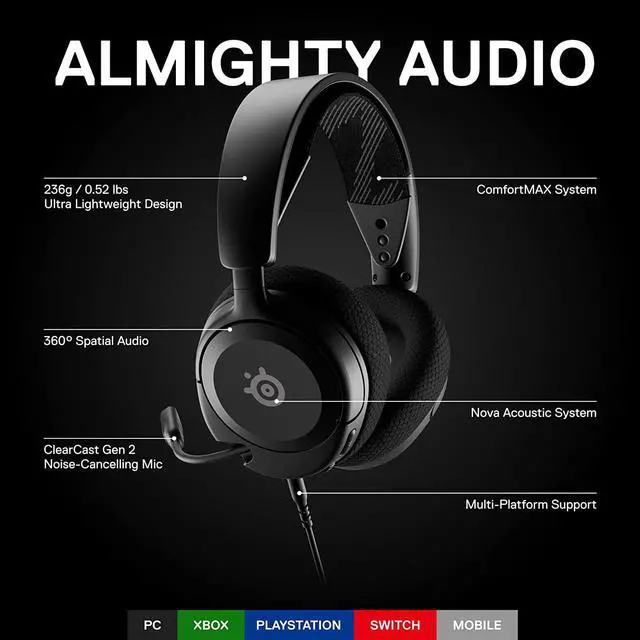 Alt view image 2 of 7 - Arctis Nova 1 Multi-System Gaming Headset  Hi-Fi Drivers  360° Spatial Audio  Comfort Design  Durable  Ultra Lightweight  Noise-Cancelling Mic  PC PS5/PS4 Switch Xbox - Black