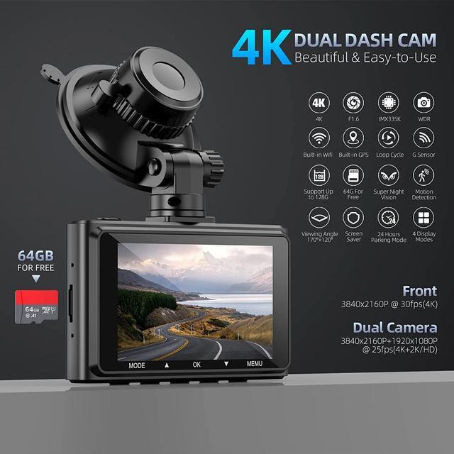 Upgrow PB36 Dual Dashcam Front 4K Rear 1080P WiFi GPS 3 IPS