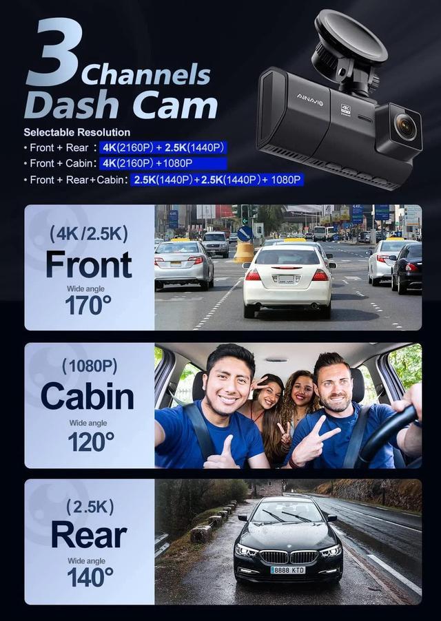 3 Channel 4K Dash Cam for Cars, 4K+2.5K Front and Rear Cabin