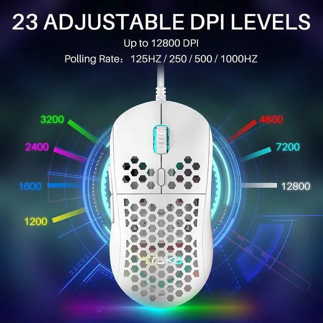Alt view image 2 of 7 - DIERYA M1SE Wired Gaming Mouse with Honeycomb Shell, 12800DPI Optical Sensor, 6 Programmable Macros, Software Support for Custom Key Config, and RGB Settings for Windows 7/8/10/XP, Vista, Linux-White