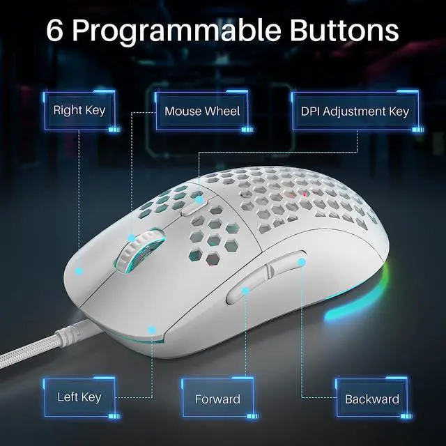 Alt view image 4 of 7 - DIERYA M1SE Wired Gaming Mouse with Honeycomb Shell, 12800DPI Optical Sensor, 6 Programmable Macros, Software Support for Custom Key Config, and RGB Settings for Windows 7/8/10/XP, Vista, Linux-White