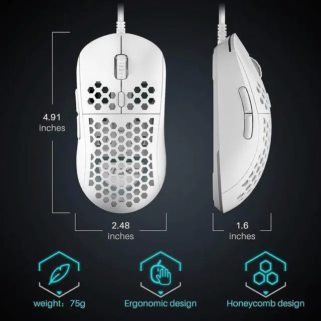 Alt view image 7 of 7 - DIERYA M1SE Wired Gaming Mouse with Honeycomb Shell, 12800DPI Optical Sensor, 6 Programmable Macros, Software Support for Custom Key Config, and RGB Settings for Windows 7/8/10/XP, Vista, Linux-White