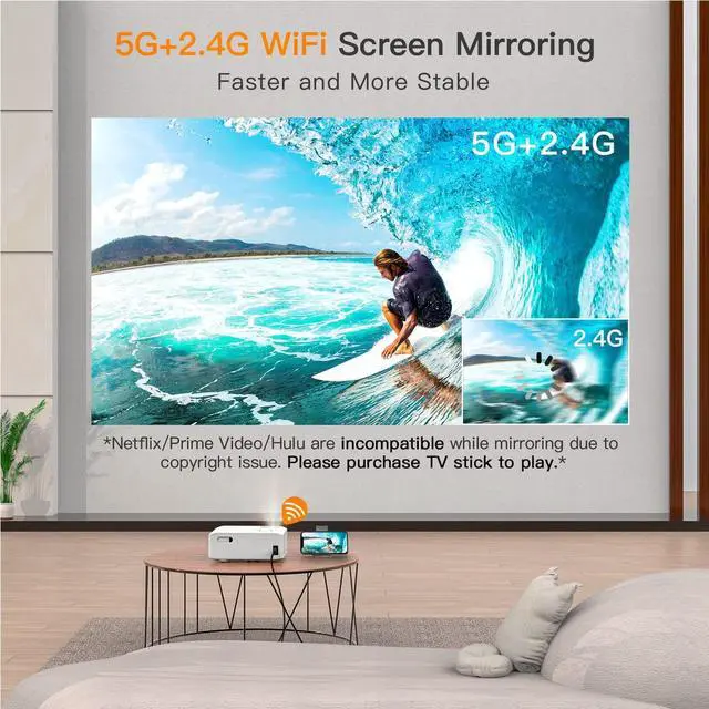 Alt view image 2 of 7 - Projector with WiFi and Bluetooth, 6D/4P Keystone 480 ANSI VISSPL 5G Native 1080P Projector 4K Supported, 50% Zoom Outdoor Movie Projector for iOS & Android Phone, Laptop, HDMI, USB, TV Box