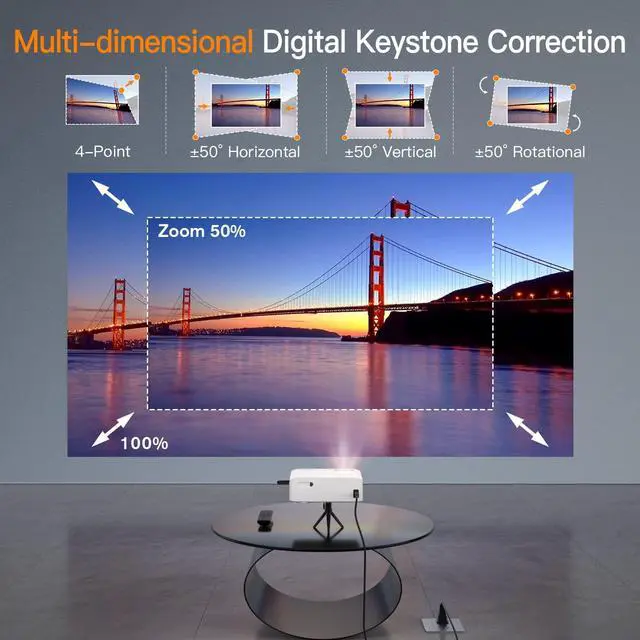 Alt view image 4 of 7 - Projector with WiFi and Bluetooth, 6D/4P Keystone 480 ANSI VISSPL 5G Native 1080P Projector 4K Supported, 50% Zoom Outdoor Movie Projector for iOS & Android Phone, Laptop, HDMI, USB, TV Box