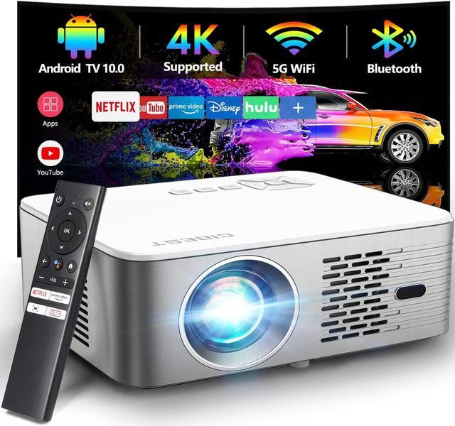 4K Support Android TV 10.0 Projector 5G WiFi Bluetooth Native 1080P, CIBEST  Full-Sealed Optical Engine Home Movie FHD Projector with Netflix/Prime  Video Built-in, 8000+ Apps, Autofocus, Stereo Sound 