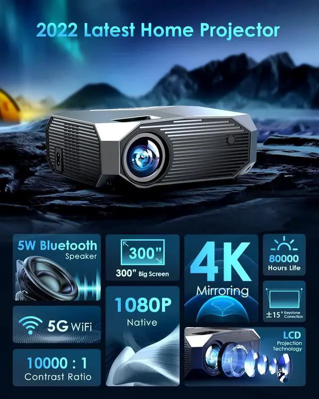 Alt view image 2 of 7 - Projector with 5G WiFi and Bluetooth, YOWHICK 10000L Full HD 1080P Outdoor Portable Video Projector Support 4K, Home Theater Movie Projector Compatible with HDMI, VGA, USB, Laptop, iOS & Android Phone