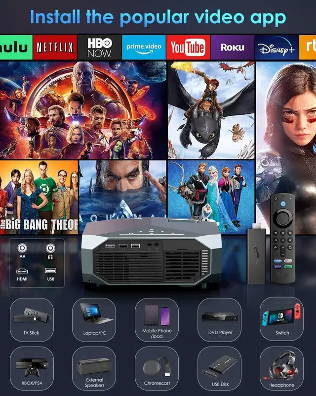 Alt view image 5 of 7 - Projector with 5G WiFi and Bluetooth, YOWHICK 10000L Full HD 1080P Outdoor Portable Video Projector Support 4K, Home Theater Movie Projector Compatible with HDMI, VGA, USB, Laptop, iOS & Android Phone