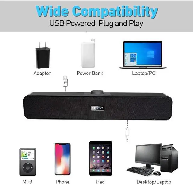 Alt view image 4 of 6 - VOTNTUT Computer Speakers,Wired USB Desktop Speaker,Stereo USB Powered Mini Sound Bar Speaker for PC Tablets Desktop Laptop MP3 Mac Air/Pro((USB-C to USB Adapter Included)