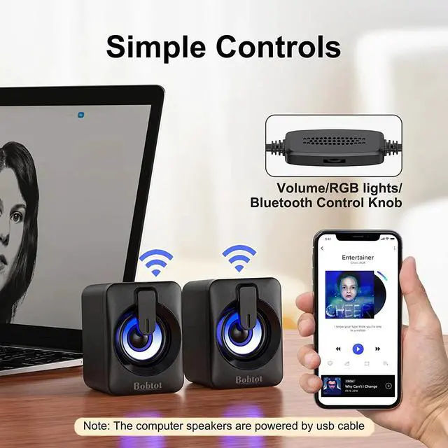 Alt view image 5 of 7 - Computer Speaker USB Powered Speaker Portable Mini Bluetooth Subwoofer with RGB Lights Volume Control 3.5mm AUX-in HiFi Stereo Sound Desk Audio System for PC Monitor Tablets Desktop Laptop Cellphone