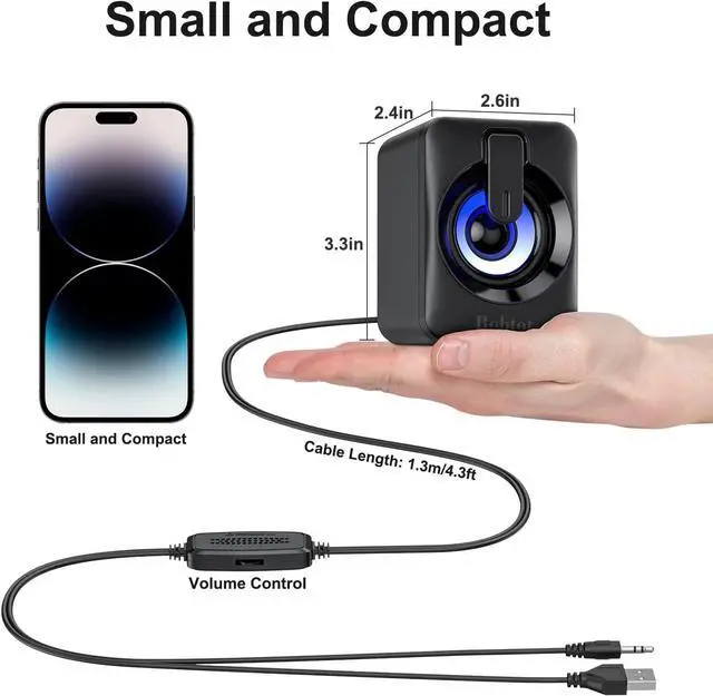 Alt view image 6 of 7 - Computer Speaker USB Powered Speaker Portable Mini Bluetooth Subwoofer with RGB Lights Volume Control 3.5mm AUX-in HiFi Stereo Sound Desk Audio System for PC Monitor Tablets Desktop Laptop Cellphone