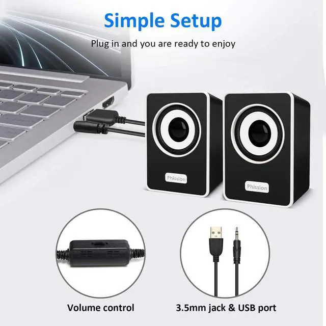 Alt view image 3 of 8 - Computer Speakers, Phission Mini Speaker with Stereo Sound 6W USB Powered 3.5 mm AUX-in Portable Speaker for Computer, Laptop, Notebook, Desktop (Black)