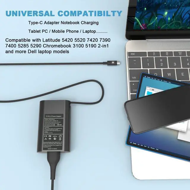 Alt view image 6 of 7 - 65W 45W USB C Laptop Charger Fits for Dell Latitude 5420 7420 5520 5440 5540 7440 5430 5530 7430 7330 7400 7410 5320 5450 7450 2in1 Power Cord, Type C XPS 13 Computer AC Adapter