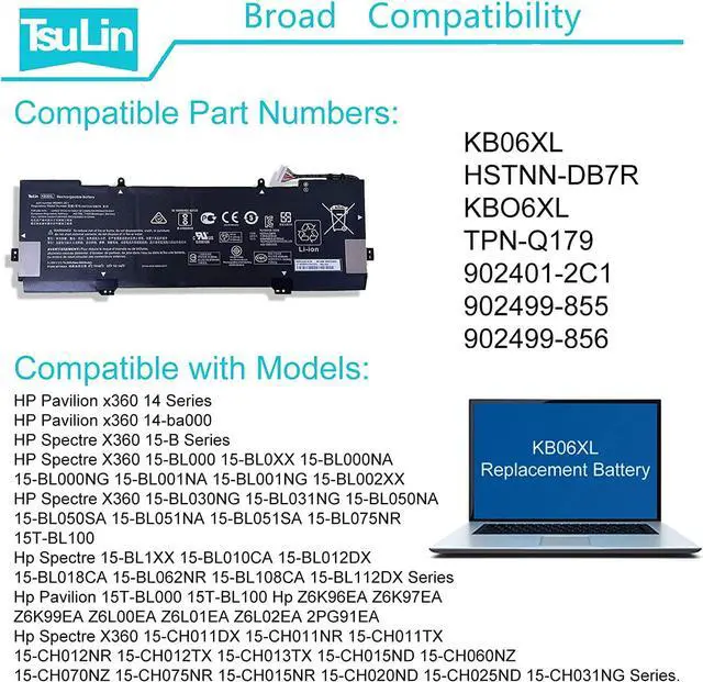 Alt view image 5 of 7 - KB06XL 902499-856 902499-855 902401-2C1 Laptop Battery Replacement for HP Spectre X360 15 15-Bl012DX 15-BL0XX 15-BL1XX 15-BL002XX 15T-BL000 15T-BL100 Z6K99EA Series KBO6XL HSTNN-DB7R TPN-Q179