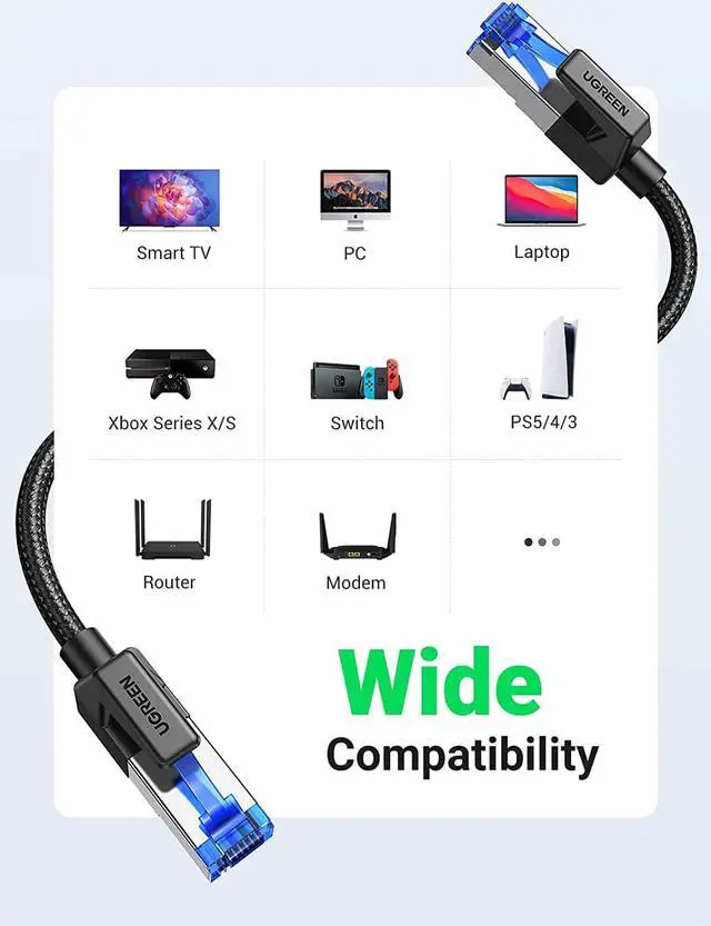 Alt view image 4 of 7 - UGREEN Cat 8 Ethernet Cable 3FT, High Speed Braided 40Gbps 2000Mhz Network Cord Cat8 RJ45 Shielded Indoor Heavy Duty LAN Cables Compatible for Gaming PC PS5 PS4 PS3 Xbox Modem Router 3FT