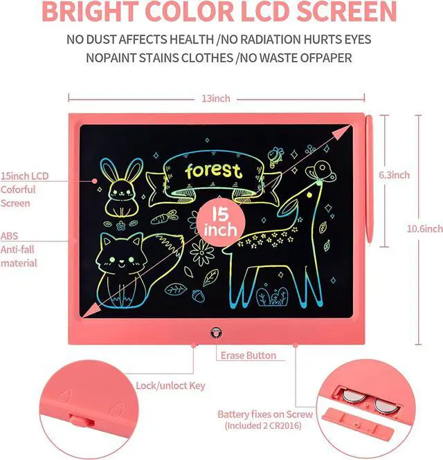 Alt view image 2 of 7 - LCD Writing Tablet for Kids, 15 Inch Colorful Electronic Doodle Board, Educational Learning Kids Drawing Tablet Toys, Christmas Birthday Gift for 3 4 5 6 7 8 9 Year Old Girls Boy