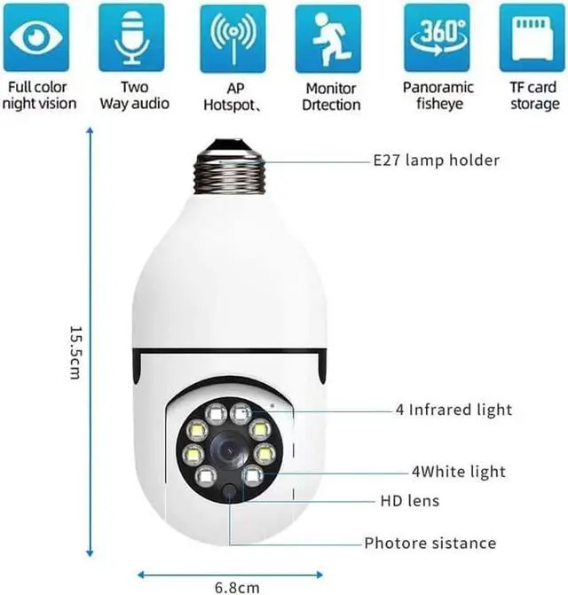 Alt view image 4 of 6 - 2023 New Light Bulb Camera, Wireless WiFi HD 5MP Security Light Bulb Camera, 360 Panoramic IP Camera, Indoor Outdoor, 1080P 2.4GHz WiFi Camera with Real-time Motion Detection, Alerts, Night Vision