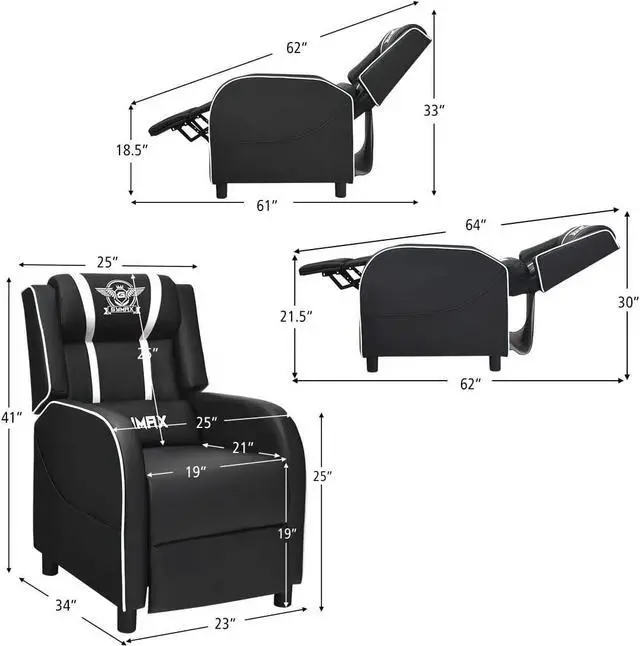 Alt view image 3 of 7 - GYMAX Gaming Recliner, Massage Gaming Chair with Adjustable Backrest Footrest, Remote Control & Side Pocket, Ergonomic Game Lounge Chair, Racing Style Single Theater Seat Game Sofa for Adults (White)