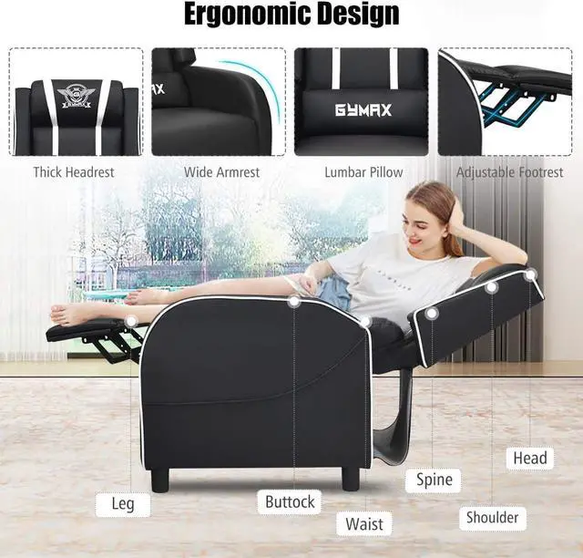 Alt view image 6 of 7 - GYMAX Gaming Recliner, Massage Gaming Chair with Adjustable Backrest Footrest, Remote Control & Side Pocket, Ergonomic Game Lounge Chair, Racing Style Single Theater Seat Game Sofa for Adults (White)