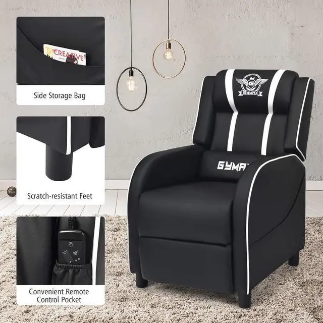 Alt view image 7 of 7 - GYMAX Gaming Recliner, Massage Gaming Chair with Adjustable Backrest Footrest, Remote Control & Side Pocket, Ergonomic Game Lounge Chair, Racing Style Single Theater Seat Game Sofa for Adults (White)