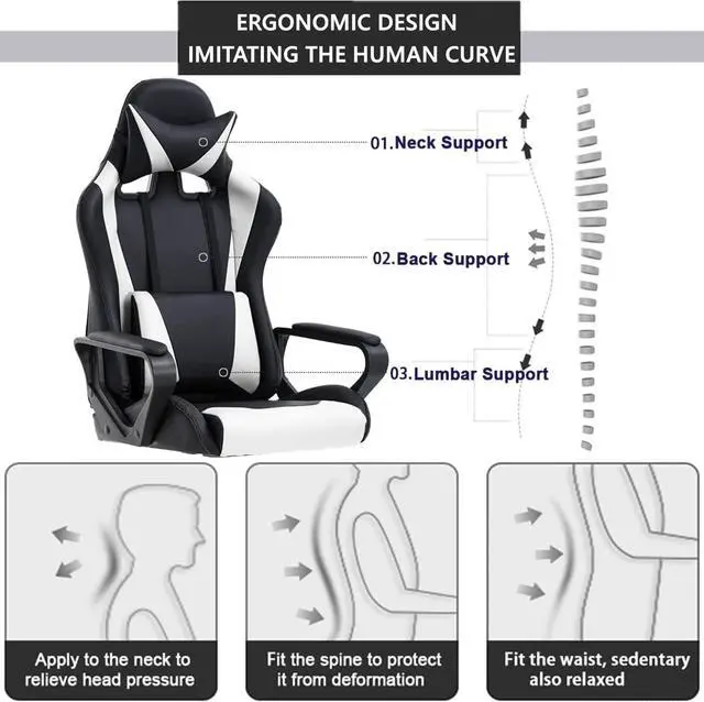 Alt view image 6 of 7 - Gaming Chair Office Chair High-Back Ergonomic Video Game Chairs for Kids Teen Adult Height Adjustable Reclining Computer Chair with Lumbar Support Armrest Headrest Game Chair - White