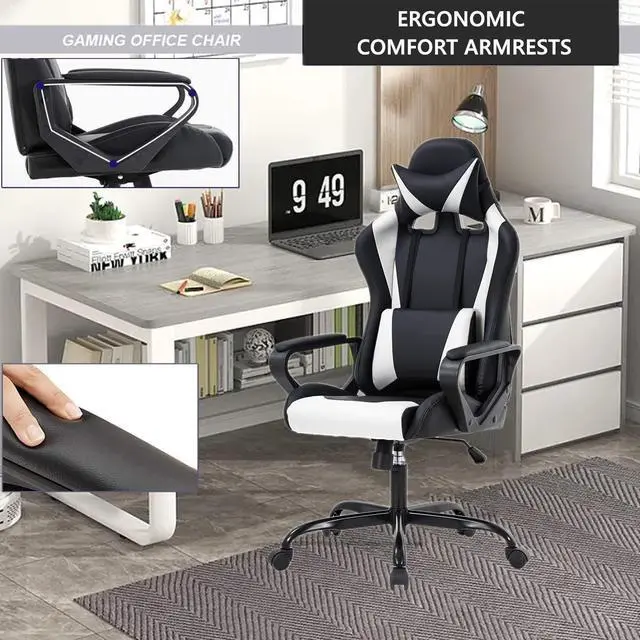 Alt view image 7 of 7 - Gaming Chair Office Chair High-Back Ergonomic Video Game Chairs for Kids Teen Adult Height Adjustable Reclining Computer Chair with Lumbar Support Armrest Headrest Game Chair - White