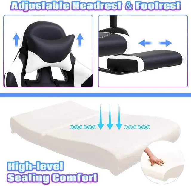 Alt view image 4 of 7 - Gaming Chair High Back Computer Gaming Chair with Footrest, Ergonomic Game Chair PU Leather Racing Office Chair Adjustable Task Chair w/Headrest Armrest & Massage Function Lumbar Support-White