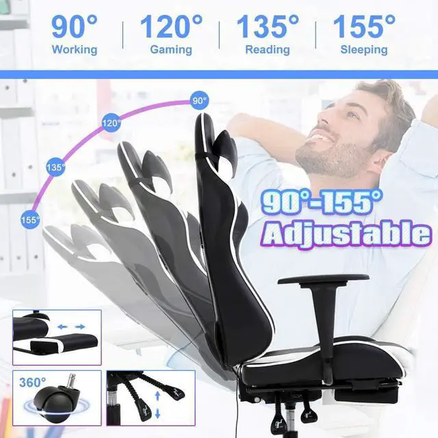 Alt view image 6 of 7 - Gaming Chair High Back Computer Gaming Chair with Footrest, Ergonomic Game Chair PU Leather Racing Office Chair Adjustable Task Chair w/Headrest Armrest & Massage Function Lumbar Support-White